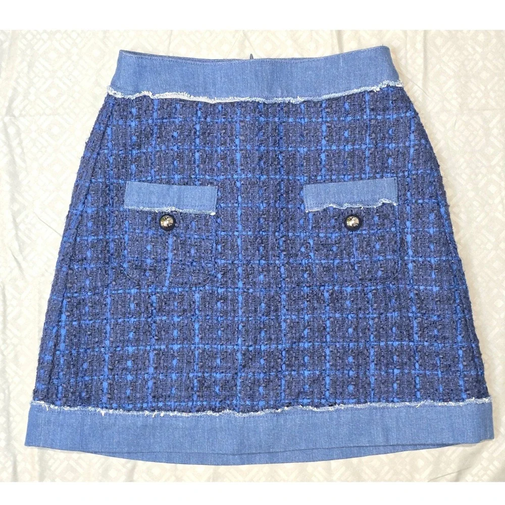 NWOT Kate spade Brooke Street Blue‎ Plaid Tweed Denim Trim Mini Skirt Size 0
